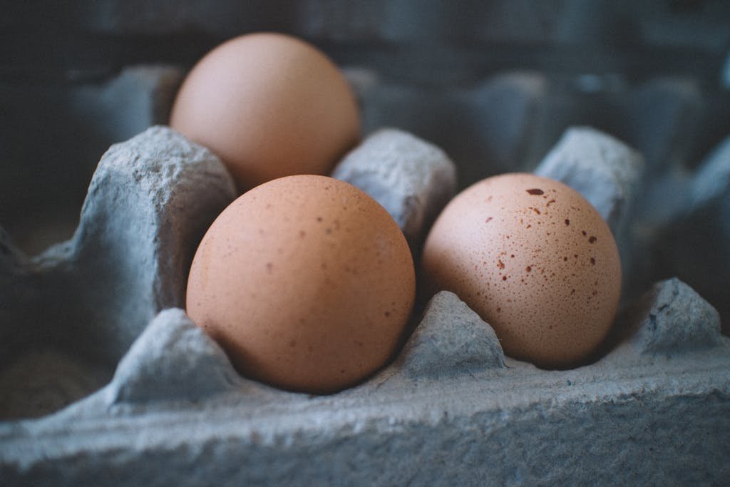 Selective Focus Photo of Three Eggs on Tray